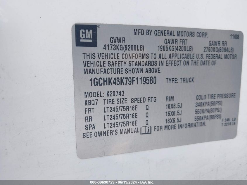2009 Chevrolet Silverado K2500 Heavy Duty VIN: 1GCHK43K79F119580 Lot: 39690729
