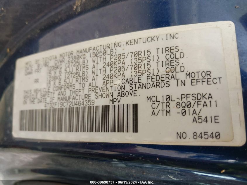 2002 Toyota Sienna Ce VIN: 4T3ZF19C72U464359 Lot: 39690737