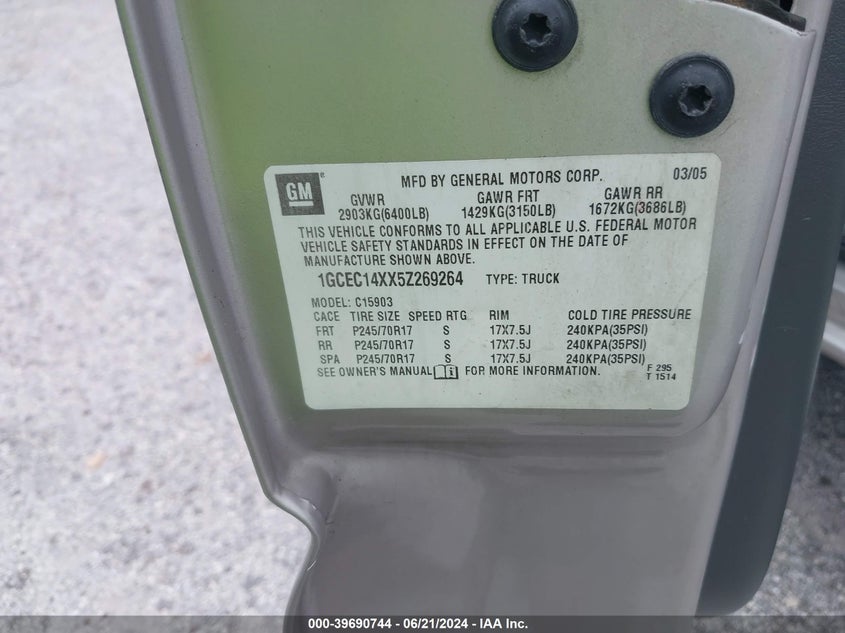 2005 Chevrolet Silverado 1500 Work Truck VIN: 1GCEC14XX5Z269264 Lot: 39690744