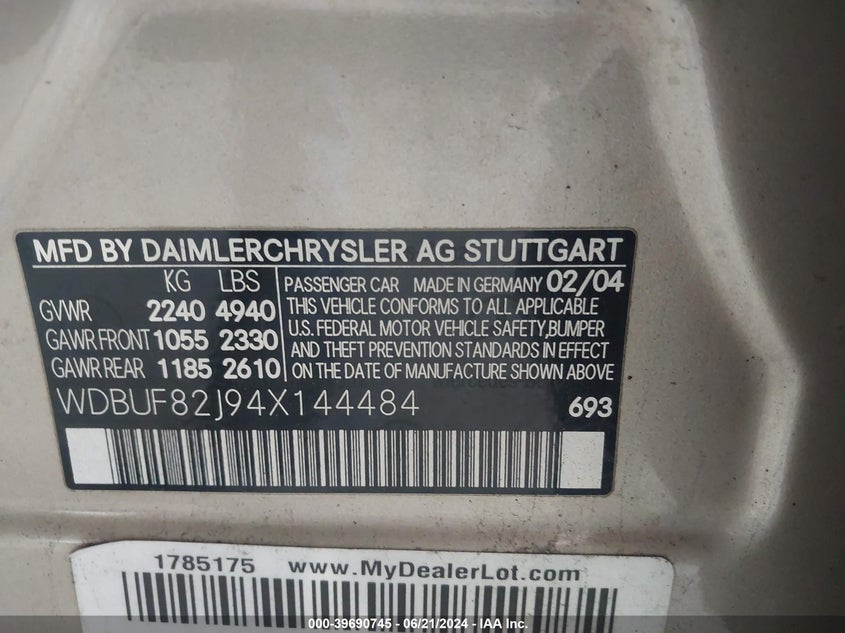 2004 Mercedes-Benz E 320 4Matic VIN: WDBUF82J94X144484 Lot: 39690745