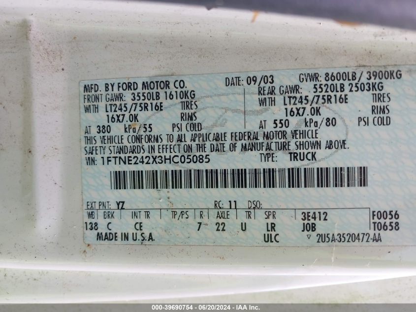 2003 Ford E-250 Commercial VIN: 1FTNE242X3HC05085 Lot: 39690754