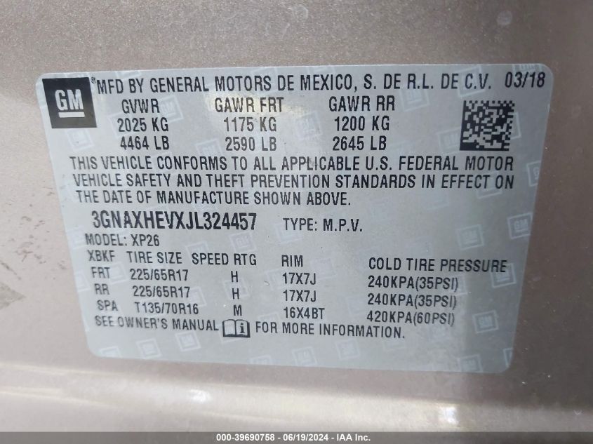 2018 Chevrolet Equinox Ls VIN: 3GNAXHEVXJL324457 Lot: 39690758