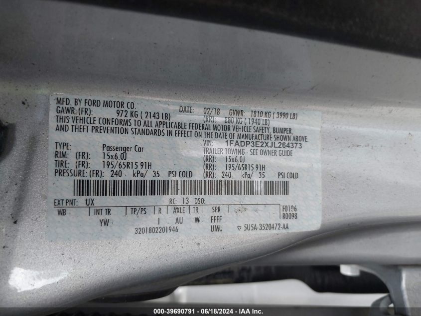 2018 Ford Focus S VIN: 1FADP3E2XJL264373 Lot: 39690791