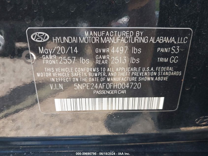 2015 Hyundai Sonata Se VIN: 5NPE24AF0FH004720 Lot: 39690795