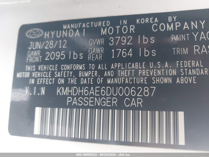 2013 Hyundai Elantra Se VIN: KMHDH6AE6DU006287 Lot: 39690832