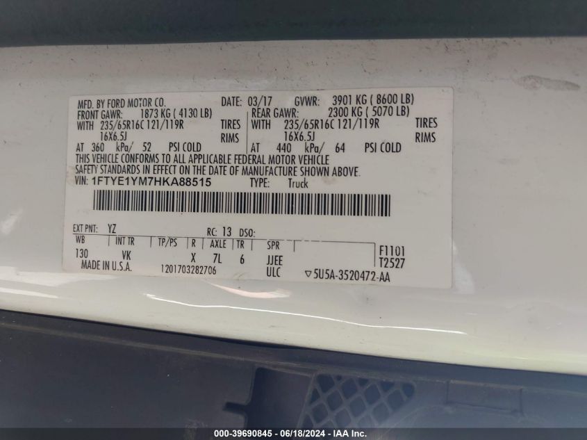 2017 Ford Transit-150 VIN: 1FTYE1YM7HKA88515 Lot: 39690845