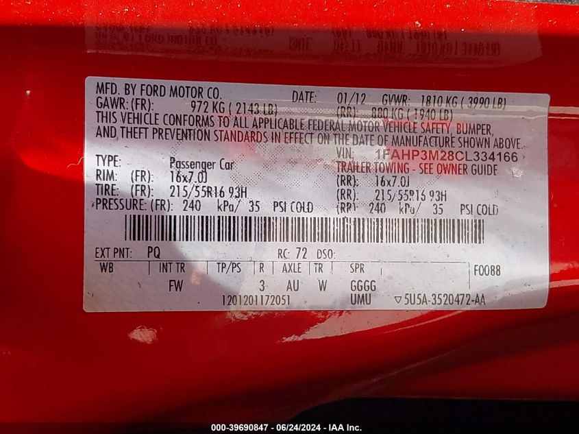 2012 Ford Focus Sel VIN: 1FAHP3M28CL334166 Lot: 39690847