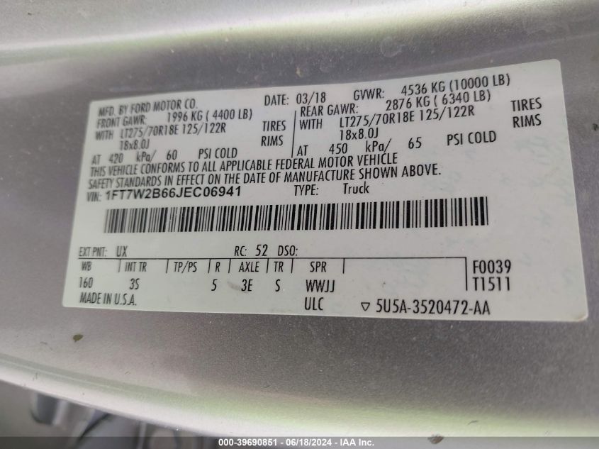 2018 Ford F-250 Xlt VIN: 1FT7W2B66JEC06941 Lot: 39690851