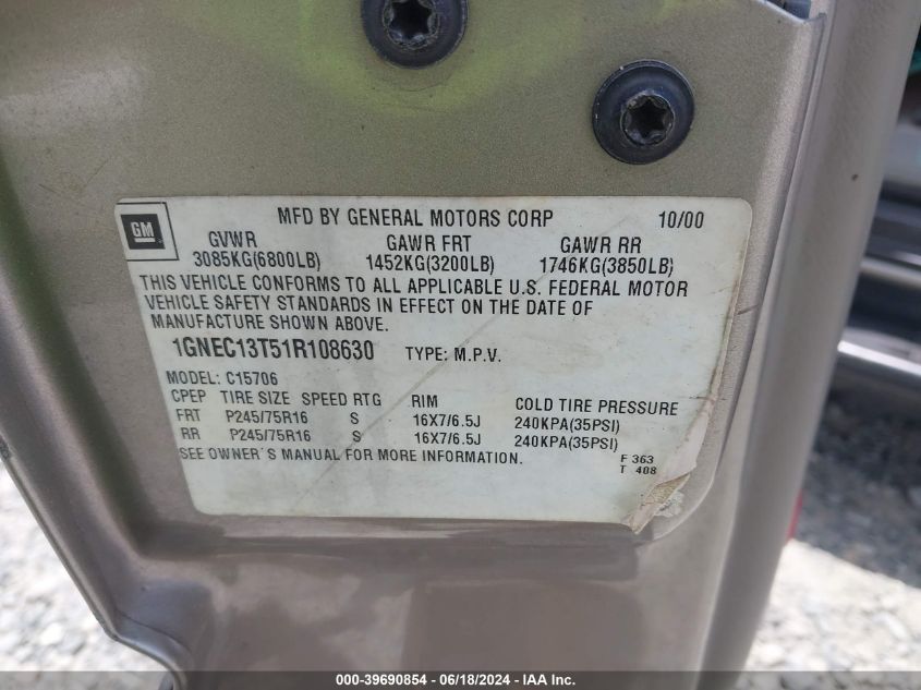 2001 Chevrolet Tahoe Lt VIN: 1GNEC13T51R108630 Lot: 39690854