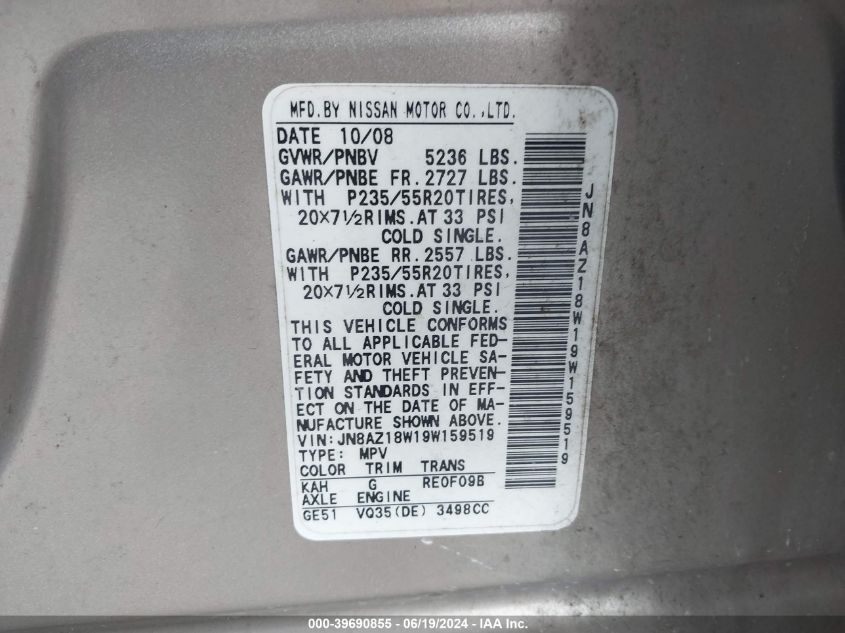 2009 Nissan Murano S/Sl/Le VIN: JN8AZ18W19W159519 Lot: 39690855