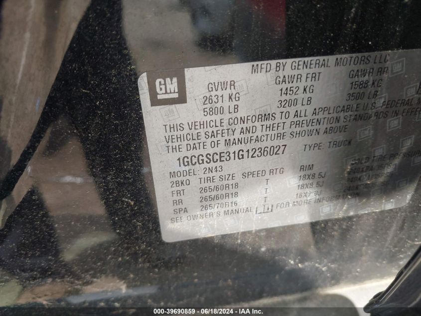 2016 Chevrolet Colorado Lt VIN: 1GCGSCE31G1236027 Lot: 39690859