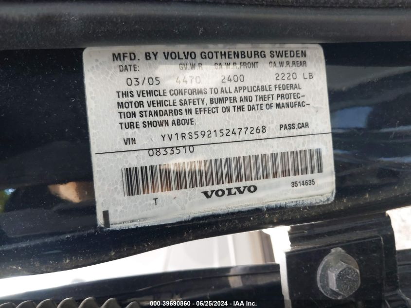 2005 Volvo S60 2.5T VIN: YV1RS592152477268 Lot: 39690860