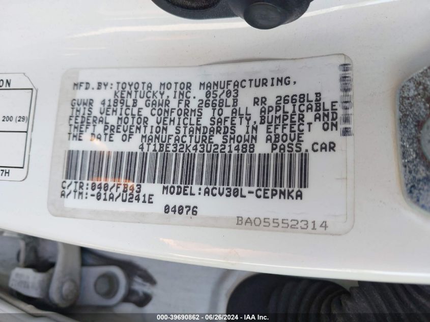 2003 Toyota Camry Le VIN: 4T1BE32K43U221488 Lot: 39690862