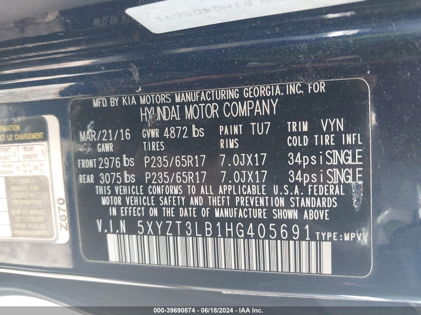 2017 Hyundai Santa Fe Sport 2.4L VIN: 5XYZT3LB1HG405691 Lot: 39690874