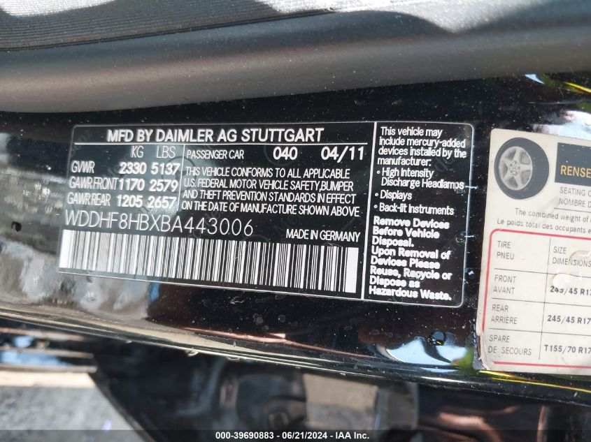 2011 Mercedes-Benz E 350 4Matic VIN: WDDHF8HBXBA443006 Lot: 39690883