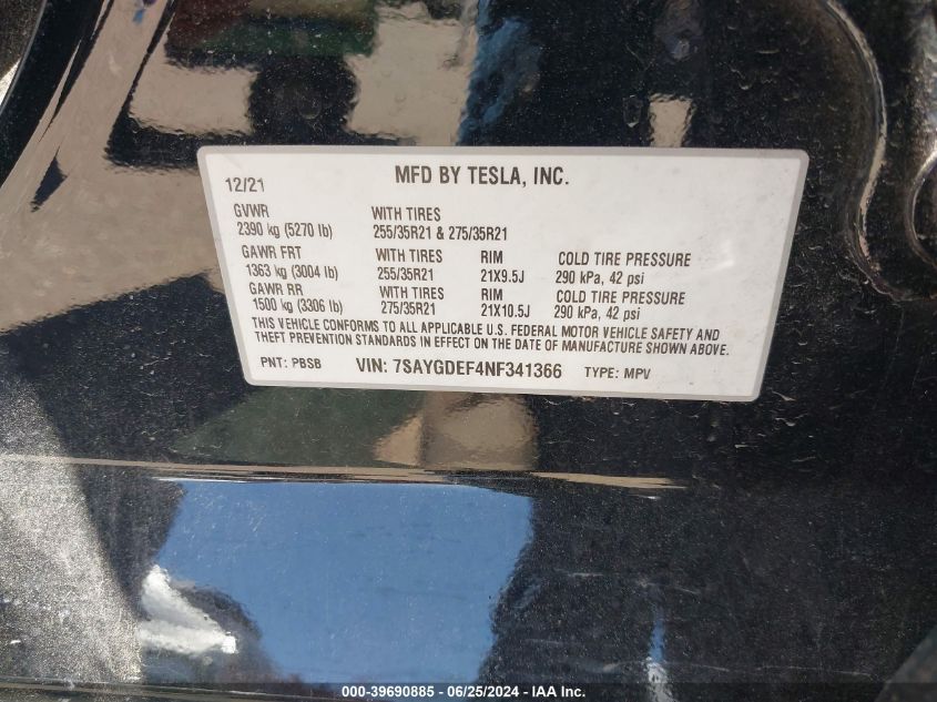 2022 Tesla Model Y Performance Dual Motor All-Wheel Drive VIN: 7SAYGDEF4NF341366 Lot: 39690885