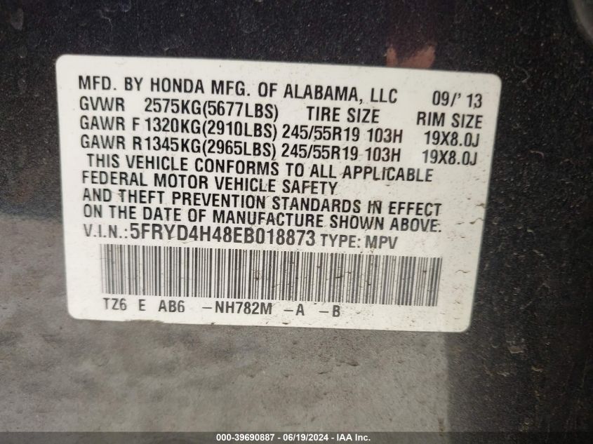 2014 Acura Mdx Technology VIN: 5FRYD4H48EB018873 Lot: 39690887