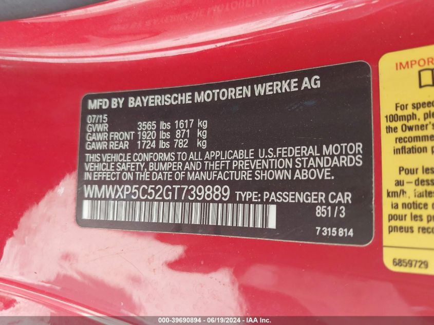 2016 MINI HARDTOP COOPER - WMWXP5C52GT739889