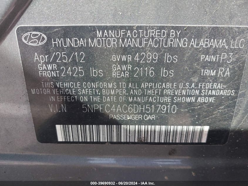 2013 HYUNDAI SONATA SE/LIMITED - 5NPEC4AC6DH517910