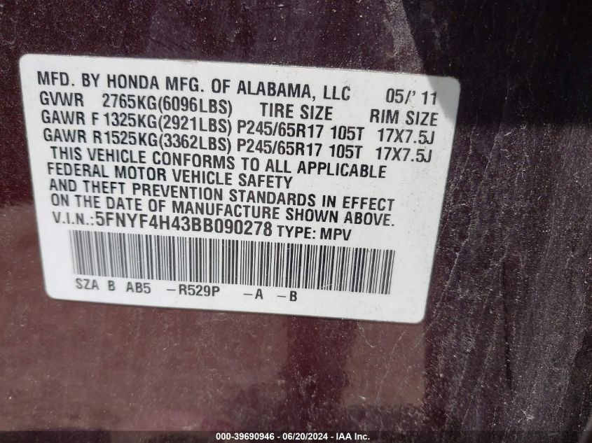 2011 Honda Pilot Ex VIN: 5FNYF4H43BB090278 Lot: 39690946