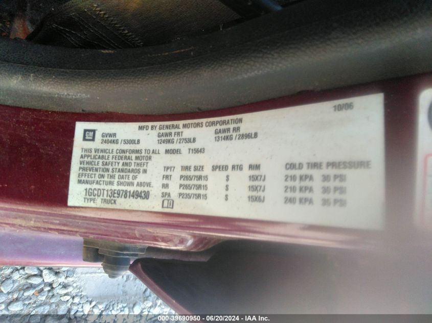 2007 Chevrolet Colorado Lt VIN: 1GCDT13E978149430 Lot: 39690950