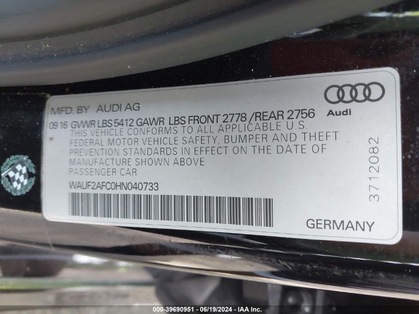 2017 Audi A6 Premium Plus VIN: WAUF2AFC0HN040733 Lot: 39690951