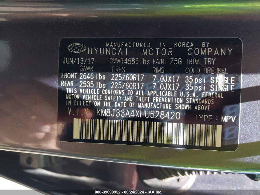 2017 Hyundai Tucson Se VIN: KM8J33A4XHU528420 Lot: 39690952