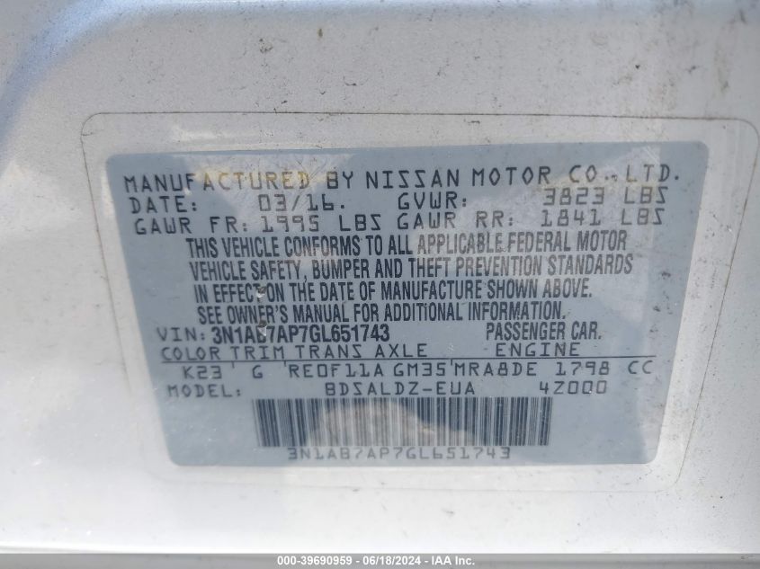 3N1AB7AP7GL651743 | 2016 NISSAN SENTRA