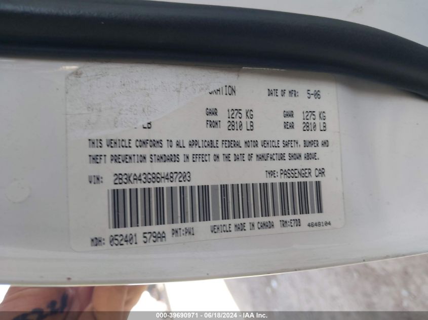 2006 Dodge Charger VIN: 2B3KA43G86H487203 Lot: 39690971