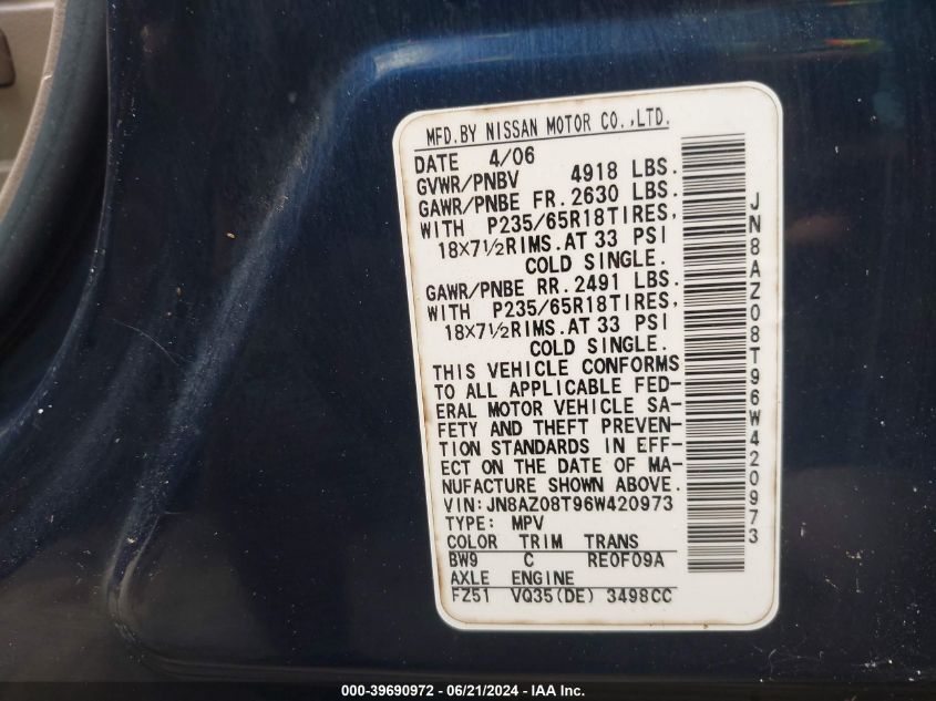 2006 Nissan Murano Sl VIN: JN8AZ08T96W420973 Lot: 39690972