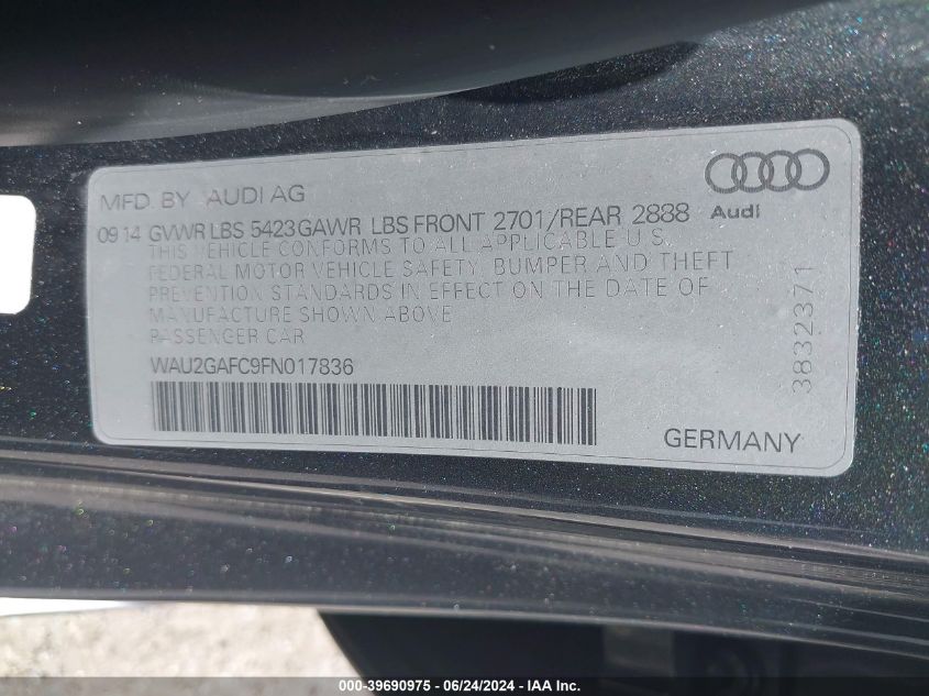 2015 Audi A7 3.0T Premium Plus VIN: WAU2GAFC9FN017836 Lot: 39690975