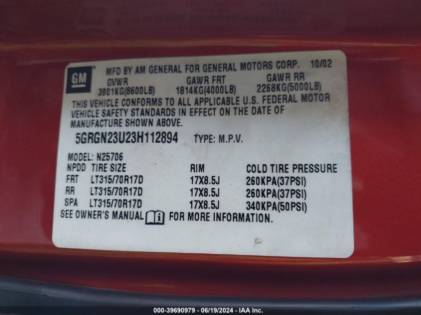 2003 Hummer H2 VIN: 5GRGN23U23H112894 Lot: 39690979