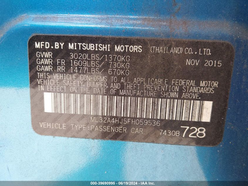 2015 Mitsubishi Mirage Rf VIN: ML32A4HJ5FH059536 Lot: 39690995