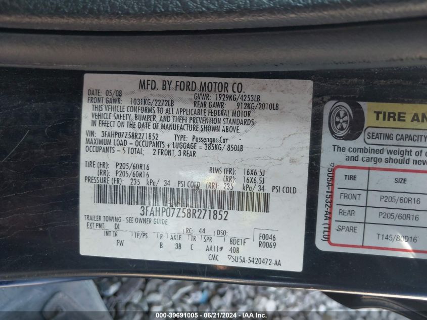 2008 Ford Fusion Se VIN: 3FAHP07Z58R271852 Lot: 39691005