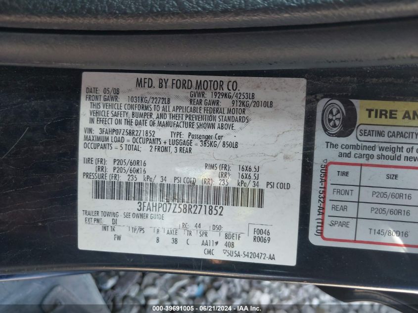 3FAHP07Z58R271852 | 2008 FORD FUSION