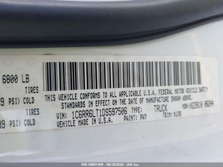 2013 Ram 1500 Slt VIN: 1C6RR6LT1DS597506 Lot: 39691009