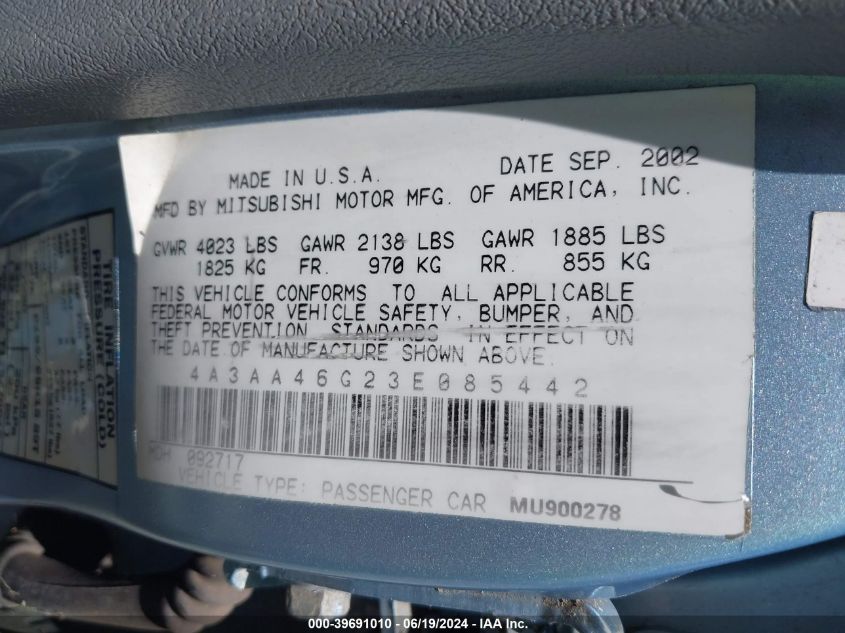 2003 Mitsubishi Galant Es/Ls VIN: 4A3AA46G23E085442 Lot: 39691010