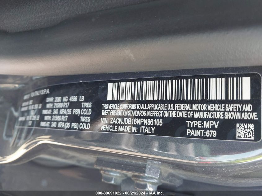 2022 Jeep Renegade Latitude 4X4 VIN: ZACNJDB16NPN86105 Lot: 39691022