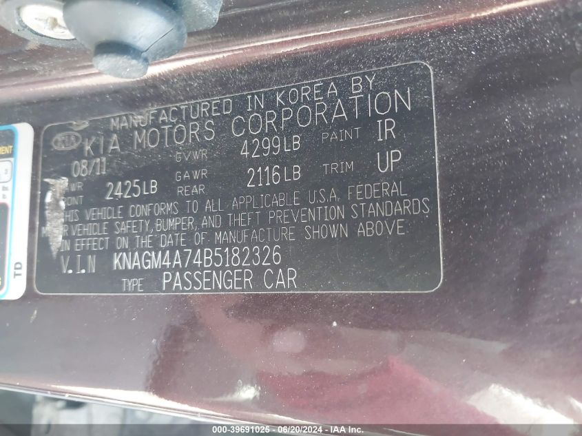 2011 Kia Optima Lx VIN: KNAGM4A74B5182326 Lot: 39691025