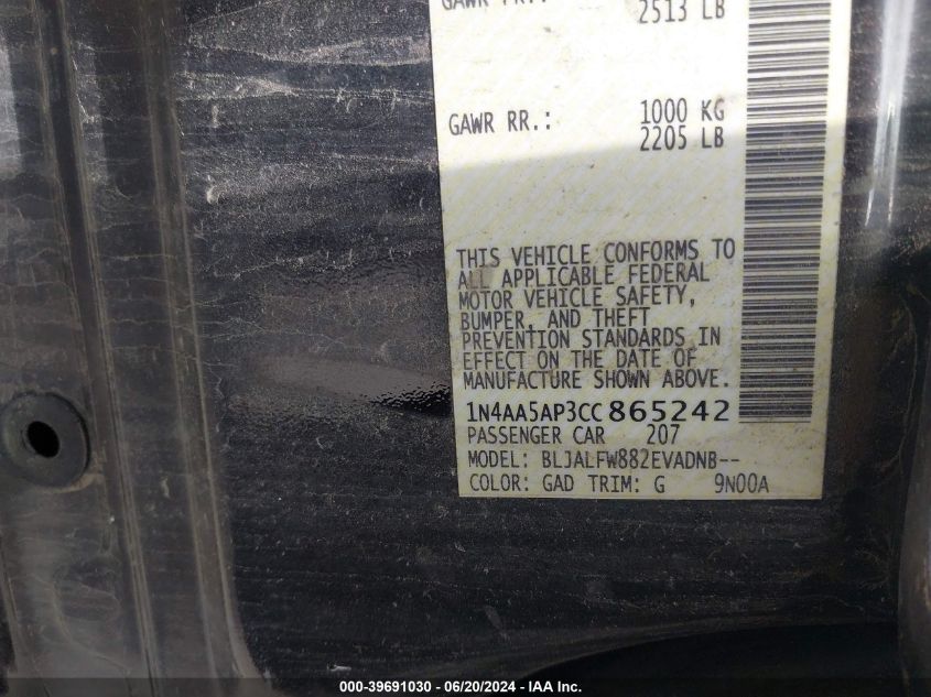 2012 Nissan Maxima 3.5 Sv VIN: 1N4AA5AP3CC865242 Lot: 39691030