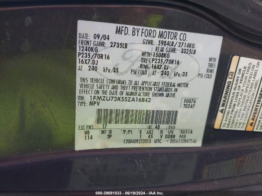 2005 Ford Explorer Xlt/Xlt Sport VIN: 1FMZU73K55ZA16842 Lot: 39691033