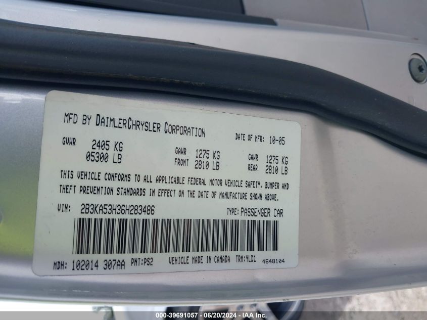 2006 Dodge Charger R/T VIN: 2B3KA53H36H283486 Lot: 39691057