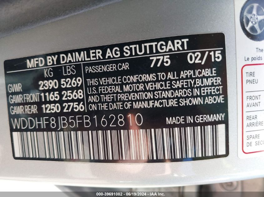 2015 Mercedes-Benz E 350 4Matic VIN: WDDHF8JB5FB162810 Lot: 39691082