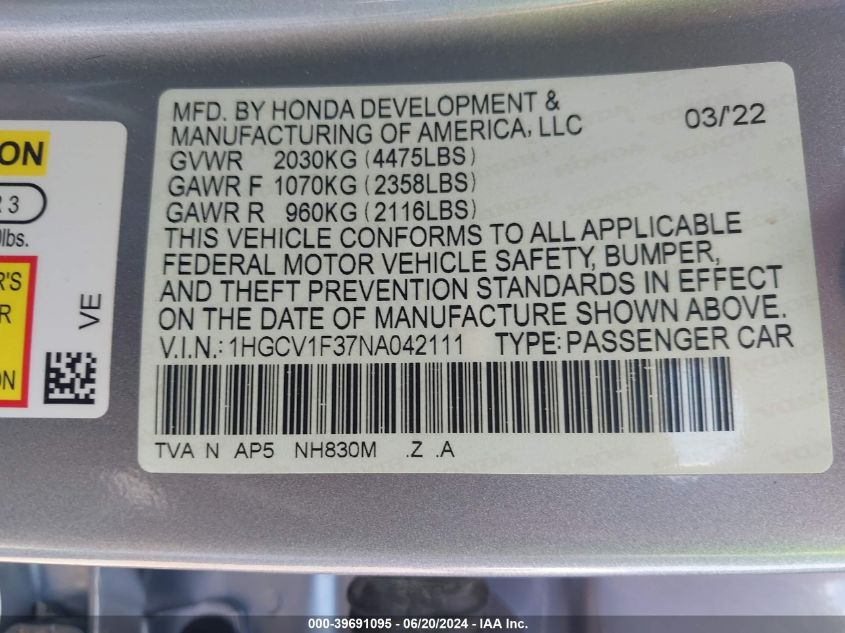 2022 Honda Accord Sport VIN: 1HGCV1F37NA042111 Lot: 39691095