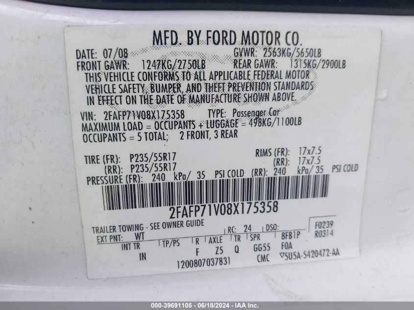 2008 Ford Crown Victoria Police/Police Interceptor VIN: 2FAFP71V08X175358 Lot: 39691105
