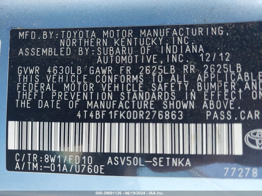 2013 Toyota Camry L/Se/Le/Xle VIN: 4T4BF1FK0DR276863 Lot: 39691126