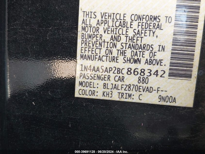 2011 Nissan Maxima 3.5 Sv VIN: 1N4AA5AP2BC868342 Lot: 39691128