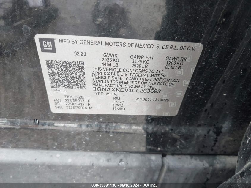 2020 Chevrolet Equinox Fwd Lt 1.5L Turbo VIN: 3GNAXKEV1LL263693 Lot: 39691130