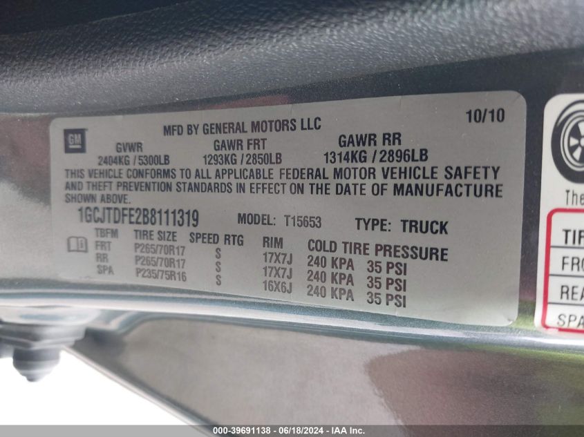 2011 Chevrolet Colorado 2Lt VIN: 1GCJTDFE2B8111319 Lot: 39691138