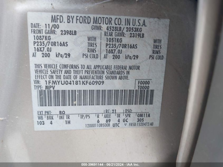 2001 Ford Escape Xlt VIN: 1FMYU04181KF60909 Lot: 39691144